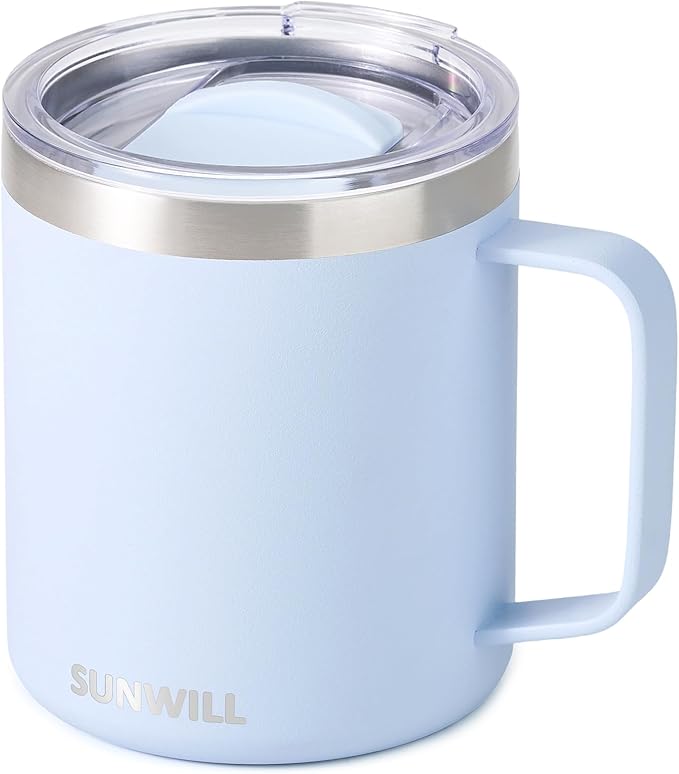 SUNWILL Insulated Coffee Mug with Lid, Travel Tumbler with Handle, 14 oz Stainless Steel Cup for Camping, Office, Home, Powder Coated Iceberg