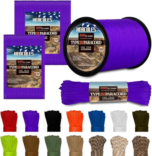 HERCULES Type III Paracord 550 Paracord Rope Parachute Cord, 100' Purple for Camping Cord, Survival Rope