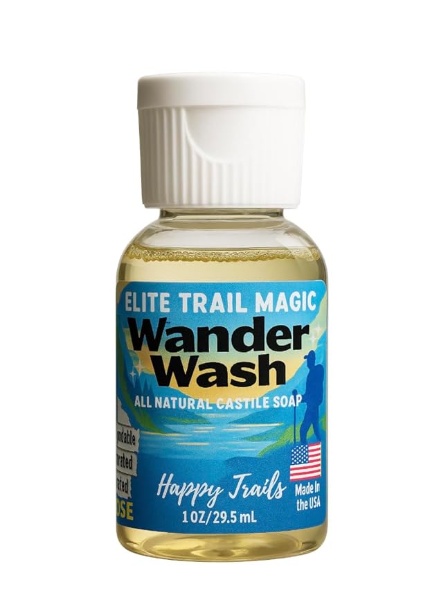 Elite Trail Magic- Wander Wash Biodegradable Castile Soap – Ultralight 1 oz Concentrated Liquid Soap for Camping, Travel & Backpacking – All Purpose, Unscented, Made in USA