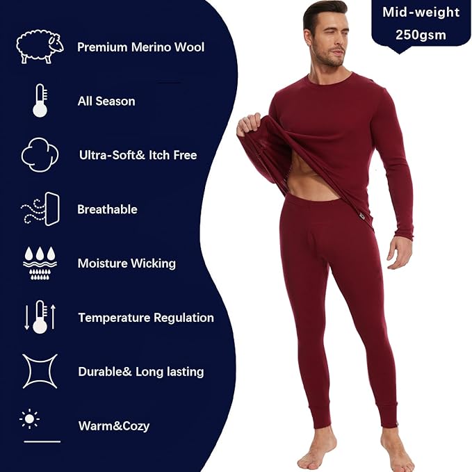 MERINNOVATION Merino Wool Base Layer Set for Men 100% Merino Wool Thermal Underwear Long Sleeve