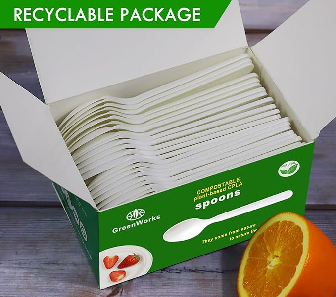 GreenWorks Heavy-duty Compostable Spoons,BPI Certified,100 Count Large Disposable Cutlery Spoons