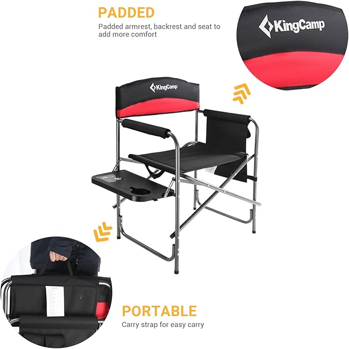 KingCamp 2-Pack Camping Folding Director Chairs with Side Table & Storage, Red