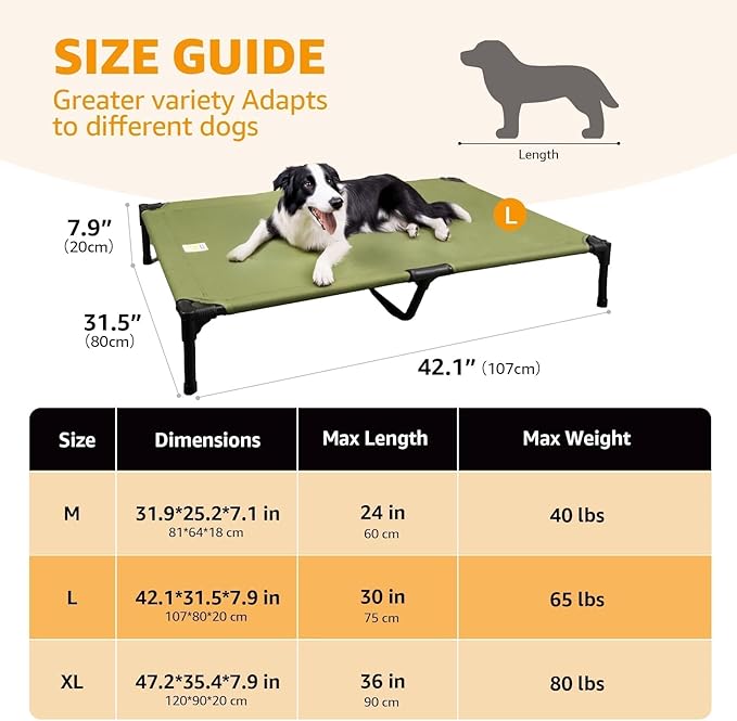 Canvas Elevated Dog Bed, Durable Chew Proof Outdoor Raised Pet Cot for Large Dogs, Waterproof, Breathable, Portable, Washable, Easy Assembly, Sturdy Frame for Camping & Travel, Green