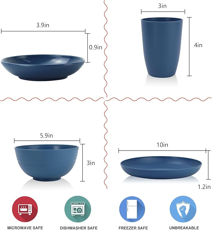 Wheat straw plates and bowls sets with cutlery - Unbreakable wheat straw dinnerware sets - Dishwasher safe plates,bowls,cups for apartment.Blue