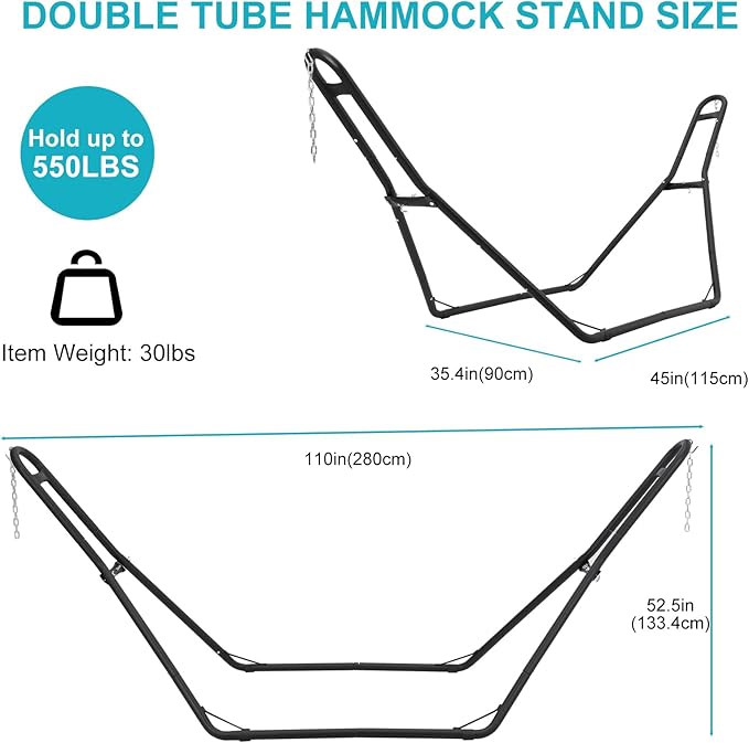 PioneerWorks Hammock Stand, Steel Hammock Frame Heavy Duty 550 LBS Capacity 2Person, Fits Hammocks 9 to 14 Ft, Portable Hammock Rack Adjustable Universal for Indoor Outdoor Backyard Camping Use