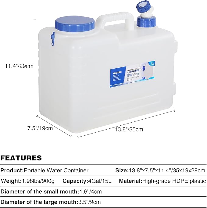 REDCAMP 4 Gallon/15L Portable Water Container with Spigot,Camping Water Jug,Camping Water Container, Large Water Tank,Portable Emergency Water Storage for Camping,Car,Hiking,Hurricane Supplies