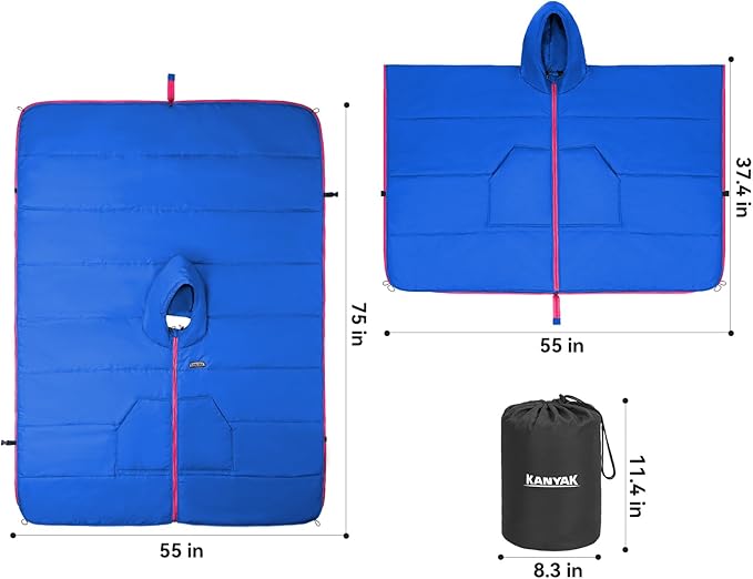 Outdoor Camping Blanket, Poncho Wearable Hoodie Blankets, Waterproof & Windproof, 75 * 55 inch, Warm, Durable & Portable, for Stadium, Concerts, Car Travel, Beach, Picnic, Grass