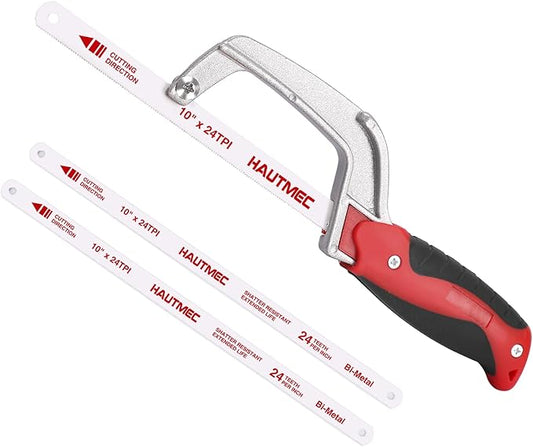 HAUTMEC Mini Hacksaw, Compact Hand Saw with 10" Bi-Metal HSS Blade, Lightweight Hack Saw for Metal Wood PVC, Especially Cuts In Tight Hard-Reach Spaces – HT0355