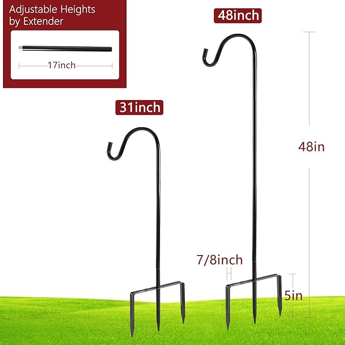 2 Pack Shepherd Hook 48 inch 1/2 inch Thick Use at Weddings, Hanging Solar Lights, Lanterns, Bird Feeders, Metal Hanger Hook. (Black, 48 inch) U.S. Patent.