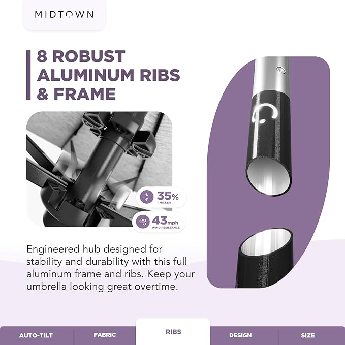 Midtown Umbrellas Sunbrella Umbrella 8 Feet Outdoor Umbrella With Sunbrella Terracotta Acrylic Fabric - Auto-Tilt Aluminum Frame Patio Umbrella For Backyard, Deck, Garden, Pool - Black Pole