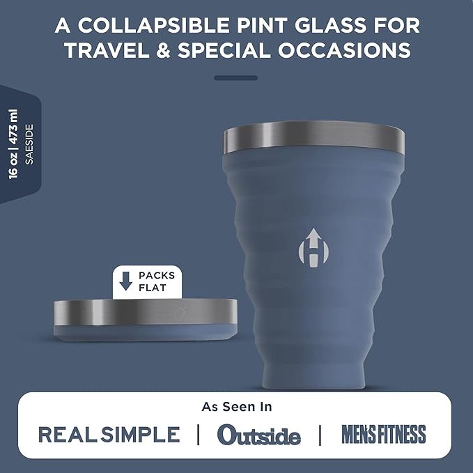 HYDAWAY 16oz Collapsible Pint - BPA-Free Silicone Cup with Stainless Steel Rim - Reusable, Packable, and Durable for Camping, Travel & Everyday Use