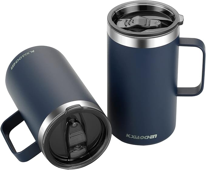 KXIAOCHEN 20oz Insulated Coffee Mug with Lid, Stainless Steel Coffee Cup, Double Wall Vacuum Coffee Tumbler with Handle, Premium Thermal Travel Coffee Mug (Navy blue 2Pack)