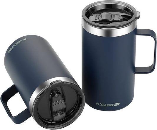 KXIAOCHEN 20oz Insulated Coffee Mug with Lid, Stainless Steel Coffee Cup, Double Wall Vacuum Coffee Tumbler with Handle, Premium Thermal Travel Coffee Mug (Navy blue 2Pack)
