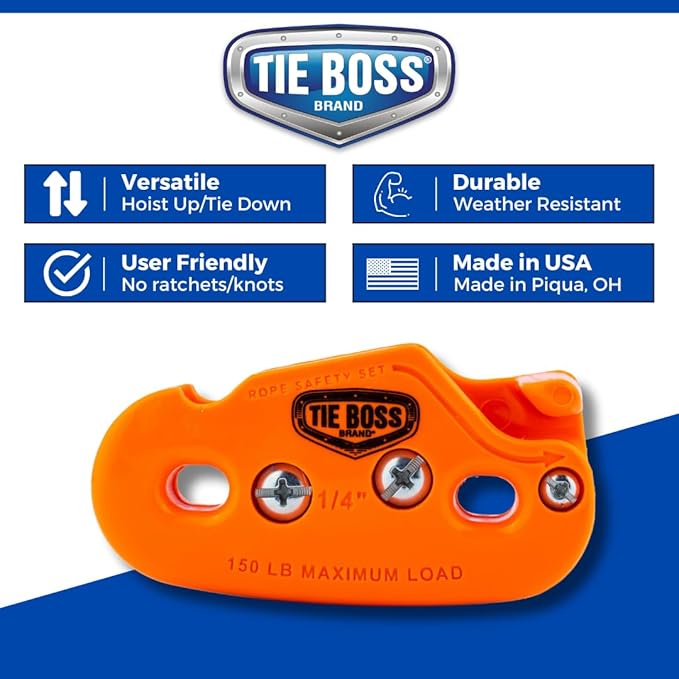 Tie Boss - 1/4 Inch, Medium Duty, (150 lbs Working Load Limit), Weather Resistant, Tie Down, Rope Tightening System, (w/15 ft Rope) (Pack of 1) (Orange)