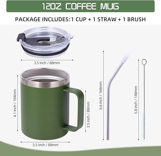Volhoply 12oz Insulated Leakproof Coffee Mug with Flip & Straw Lid Bulk 8 Pack,Double Wall Vacuum Stainless Steel Travel Tumbler Cup with Handle,Reusable Camping Mugs Keep Cold(Army Green,8 Set)