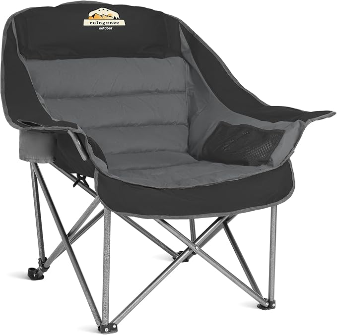 Oversized XL Padded Camping Chair Wide Heavy Duty Lawn Chairs Support 450 LBS Portable Folding Gaint Camp Chair with Side Pocket Cup Holder for Outdoor Outside Sports Baseball-Black&Grey