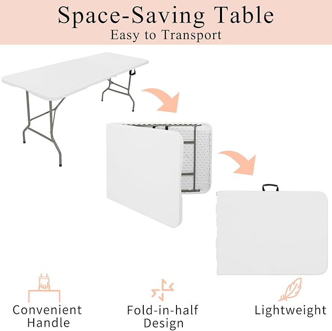 Set of 2 Folding Tables with Carrying Handle Lightweight Rectangular Portable Plastic Camping Table Steel Legs for Party, Dining, Wedding, Events, Picnic Indoor, Outdoor (6FT, White)