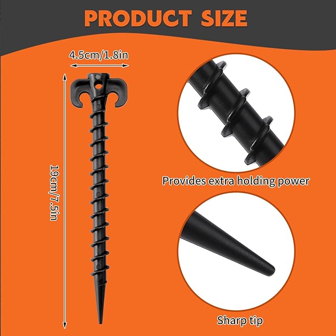 AUGSUN 8 Pack Plastic Tent Stakes Heavy Duty, Black Sand Stakes for Beach 7.5 Inch Screw in Tent Stakes Spiral Ground Anchors Tent Pegs Canopy Stakes for Inflatables Outdoor Camping Hiking Garden Lawn