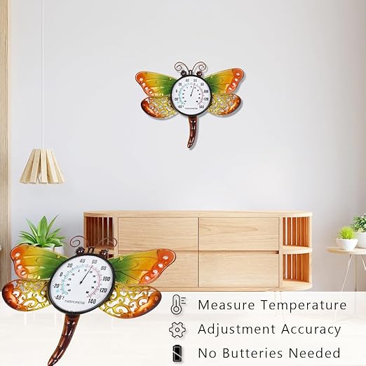 16.5" Outdoor Thermometer, Dragonfly Indoor Thermometer No Need Battery, Metal Wall Thermometer for Patio Room Decor