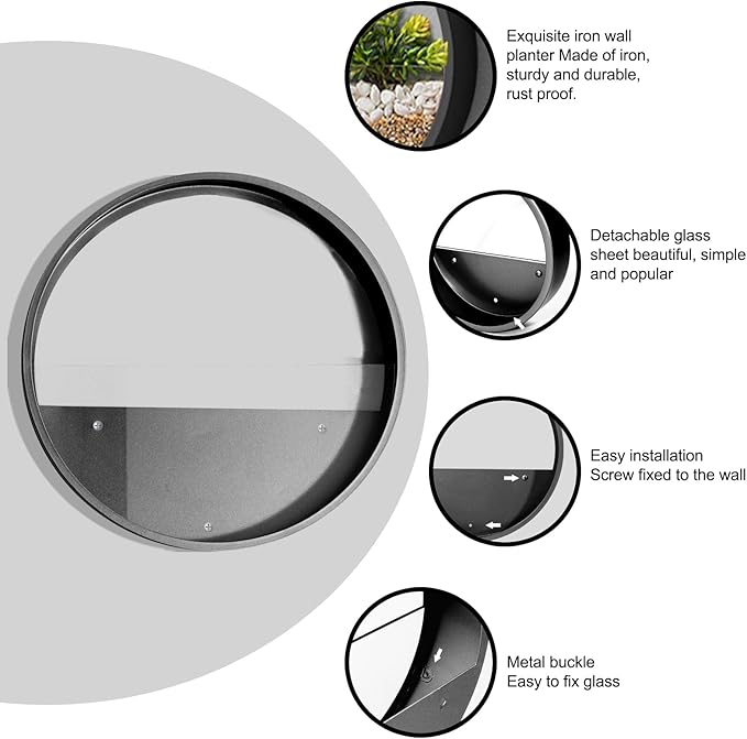 3 Pack Set Wall Planters,Modern Round Glass Wall Planter Succulent Planter Circle Iron Hanging Planter Vase for Herb,Small Cactus Perfect for Balcony, Room and Patio Decor (Black)