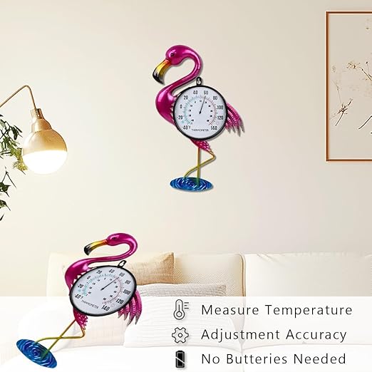 Flamingo Outdoor Thermometer, 17" H Wall Thermomter with No Need Battery, Indoor Thermometer Large Easy to Read for Patio Room Decor