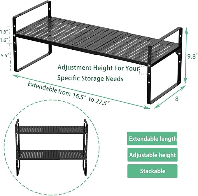 Redrubbit Expandable Cabinet Storage Shelf, Adjustable Height Steel Metal Kitchen Counter Organizers Shelves Spice Rack for Kitchen Pantry Bathroom Cupboard Desk Home Office, Black-2 Pack