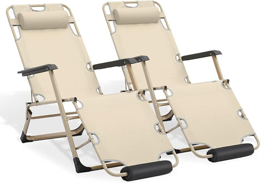 MoNiBloom Set of 2 Folding Reclining Patio Chairs, 3-Position Patio Lounger Folding Chairs with Footrest for Backyard Poolside Lawn, Cream, 330lbs Capacity