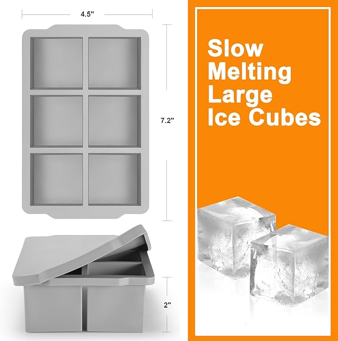 Nax Caki Large Ice Cube Tray with Lid Pack of 2, Stackable Big Silicone Square Ice Cube Mold for Whiskey Cocktails Bourbon Soups Frozen Treats, BPA Free