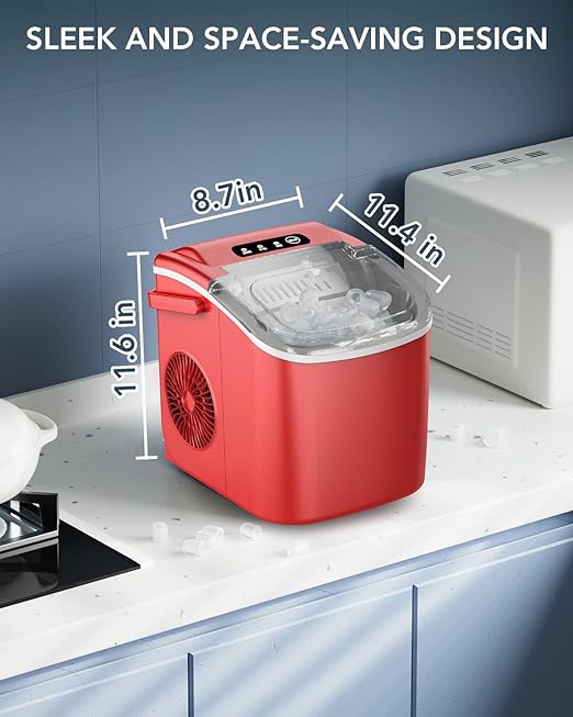 Ice Maker Countertop, Efficient Easy Carry Ice Machine, Self-Cleaning Ice Maker with Ice Scoop & Basket, 9pcs/ 8mins 26.6Lbs Per Day for Home/Office/Kitchen,RED