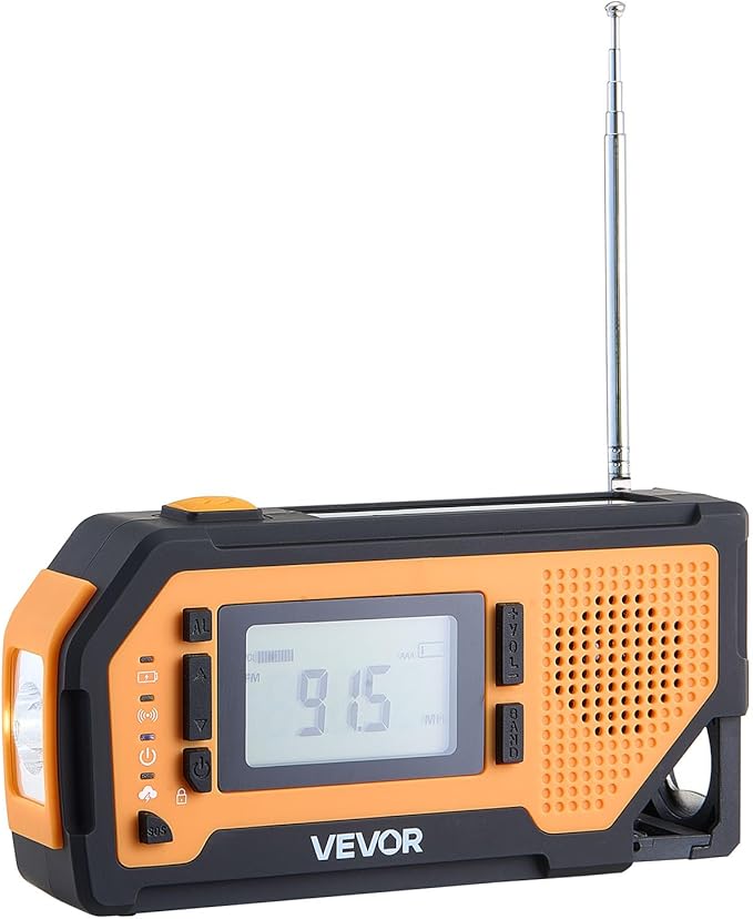 VEVOR Emergency Weather Radio, 2000mAh Battery, FM/AM/WB/NOAA Alert Solar Hand Crank Emergency Radio, with USB Charging Cable, SOS Alarm and Flashlight, Portable for Outdoor Emergencies, Camping