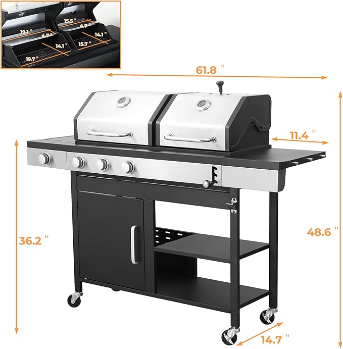 Gas and Charcoal Grill Combo with Side Burner, Dual-sided Frying Plate, Thermometer, Wheels, Side Table, 37,230BTU Gas Grill for Patio, Garden