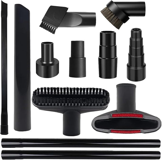 12 PCS Vacuum Attachments & Brushes Kit for Shop Vac Accessories & Household Cleaning, Includes 2 1/2" to 1 1/4" and 1 7/8" to 1" Vacuum Hose Adapters, Crevice Tool & 2 Vacuum Extension Wands