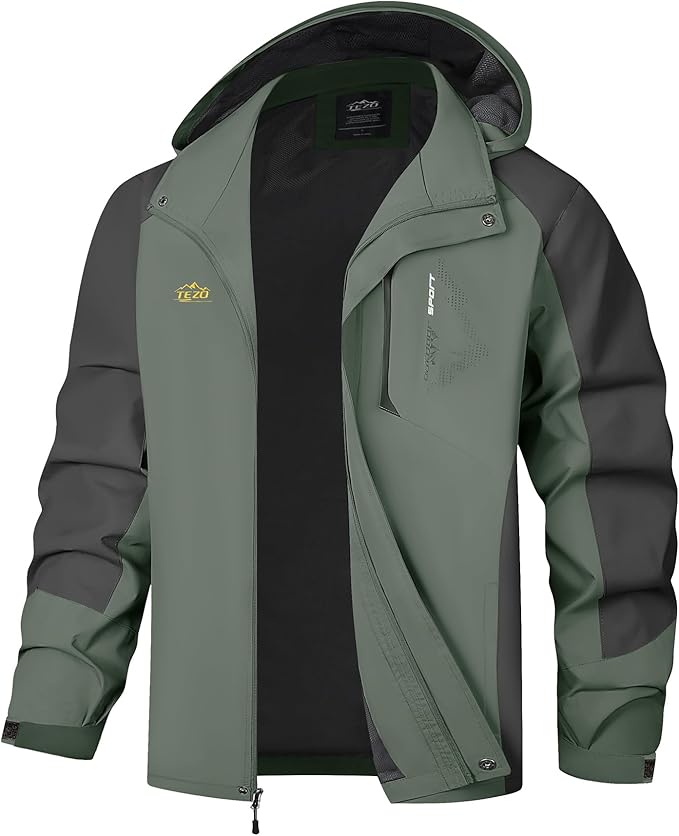 TEZO Mens Rain Jacket Waterproof with Hooded Hiking Coat Lightweight Windbreaker