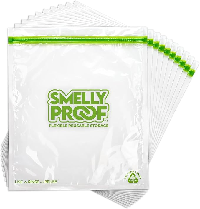 Smelly Proof 50pk Reusable Food Storage Bags - Made in USA, Dishwasher-Safe, BPA FREE, NO PEVA, XL Clear FLAT 10.5" x 12"