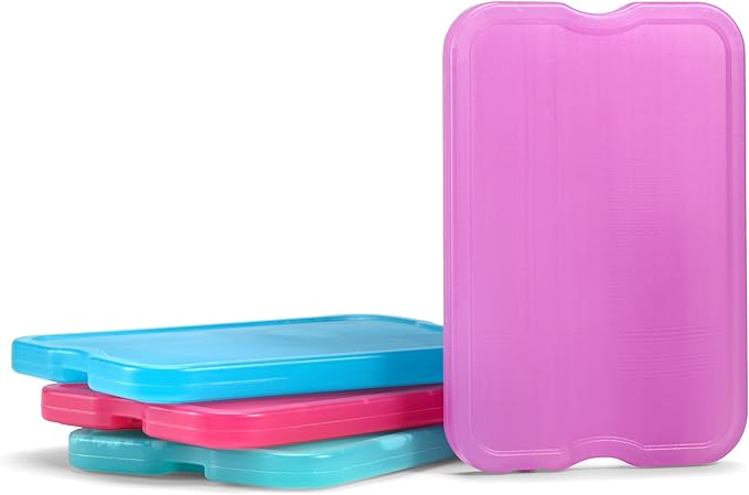 Cool Coolers by Fit & Fresh 4 Pack XL Slim Ice Packs, Quick Freeze Space Saving Reusable Ice Packs for Lunch Boxes or Coolers, Multi