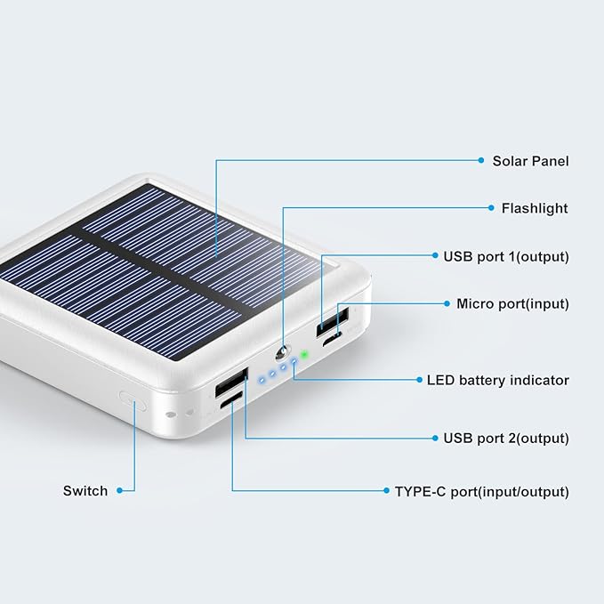 Solar Power Bank 12000mAh,Small Solar Charger Built in 4 Cables,USB C Input/Output,Dual Flashlight External Battery Portable Charger Power Bank for iPhone,Tablet,Samsung