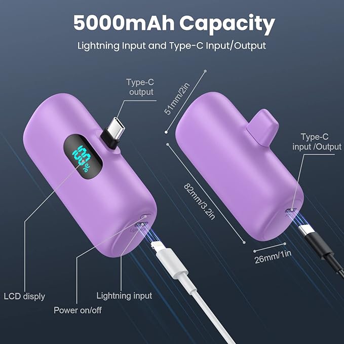 [2-Pack] Mini Portable Charger 5000mAh Power Bank,3A PD USB C Cell Phone Portable Power, LCD Display Battery Pack Compatible with iPhone 16/15/15 plus/15 pro/15 pro Max/Android/Samsung/Moto/LG etc