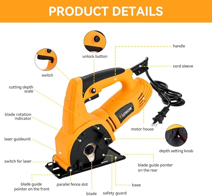 Hoteche 3-3/8-Inch Mini Circular Saw 5A Multifunctional Portable Saw with 3pcs Blades for Metal, Wood and Tile Cutting