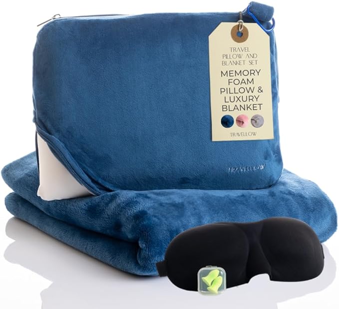 Travel Pillow and Blanket Set - 4-in-1 Ultimate Travel Kit with Memory Foam Pillow, Travel Blanket, Sleep Mask, and Earplugs-Ultimate Comfort and Coziness for Your Journeys - Blue
