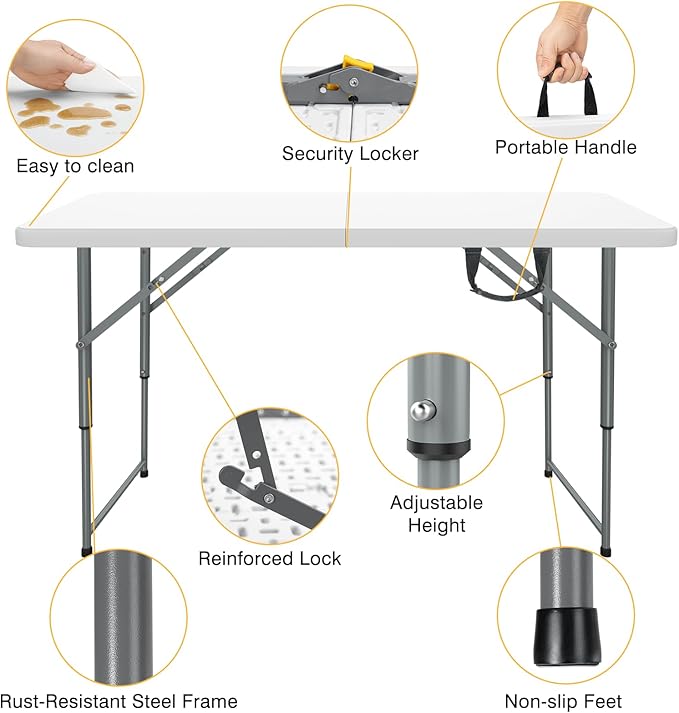 SKOK 330lbs Folding Picnic Table 4/6/8 Foot Adjustable Height, 4/6/8FT Plastic Table Portable w/Handle, Utility Commercial Craft Sewing Card Table w/Heavy Duty Frame for Party Events