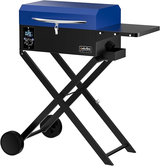 Onlyfire BBQ Wood Pellet Grill Smoker with Foldable Cart, Meat Probe, 2 Tiers Cooking Area, Portable Tabletop Grilling Stove for Outdoor Kitchen Cooking Smoke and Roast, RV Camping, Blue GS342
