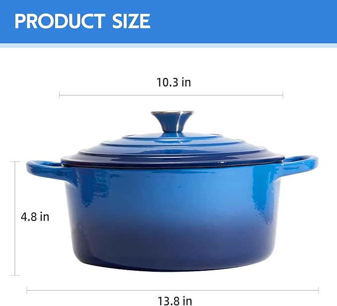 6 Quart Dutch Oven Enameled Cast Iron with Lid - Big Dual Handles - Oven Safe up to 500°F - Classic Round Pot for Versatile Cooking (Blue, 6 QT)