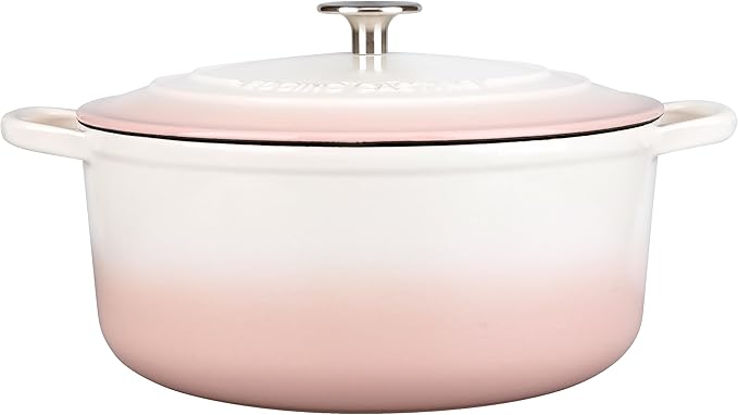 Enameled Cast Iron Dutch Oven Pot With Lid, 7 Quart, for Bread Baking, Cooking, White-Pink