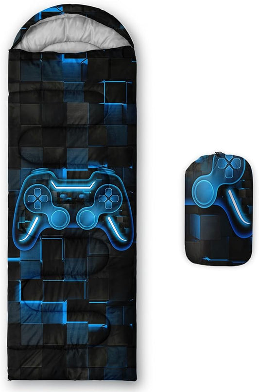 Axolotl Gamepad Sleeping Bag,3 Season Warm and Cool Weather Game Console Sleeping Bag for Boys Teens,Waterproof Lightweight Geometry Hexagonal Sleeping Bag for Traveling,Outdoors Camping,Blue,Black