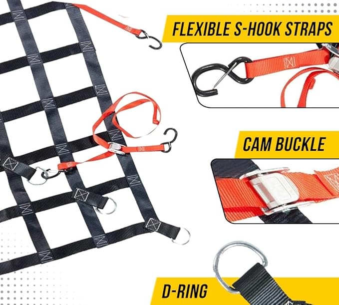 Mytee Products 6' x 8' Heavy Duty Cargo Net for Pickup Truck Bed with D Rings Tie Down Fittings - Durable Truck Bed Cargo Net with 6 Cam Buckle Tie Down Straps for Adjusment