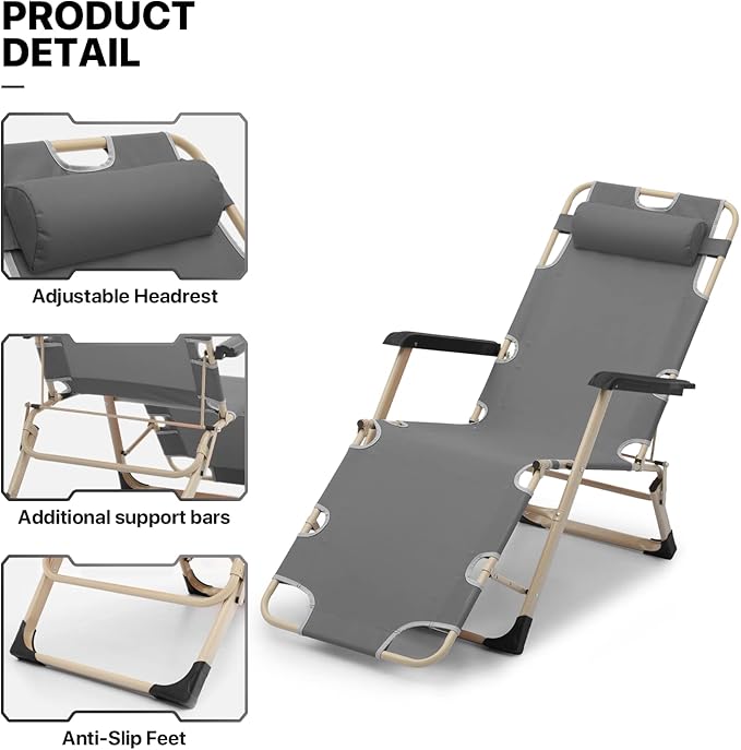 MoNiBloom Patio Lounge Chair Set of 2 Folding Lawn Lounger Outdoor Camp Reclining Chair with Adjustable Headrest for Garden Yard Pool Side, 330lbs Capacity