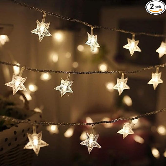 Twinkle Star 2-Pack 100 LED Star String Lights, Plug in Fairy String Lights Waterproof, Extendable for Indoor, Outdoor, Wedding Party, Christmas Tree, New Year, Garden Decoration, Warm White
