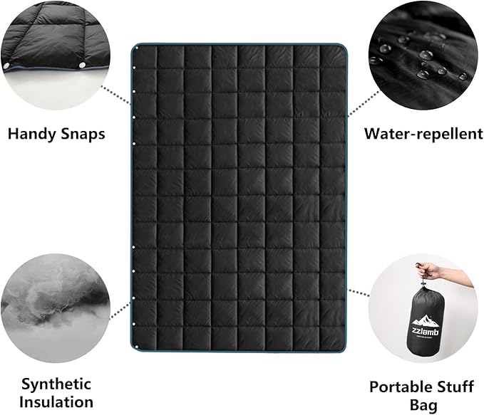 zzlamb Camping Blanket, Compact Lightweight Soft Puffy Blanket Water-Repellent, Packable Warm Quilt Down Alternative Picnic Hiking Backpacking Beach Travel RV Airplane Couch Car