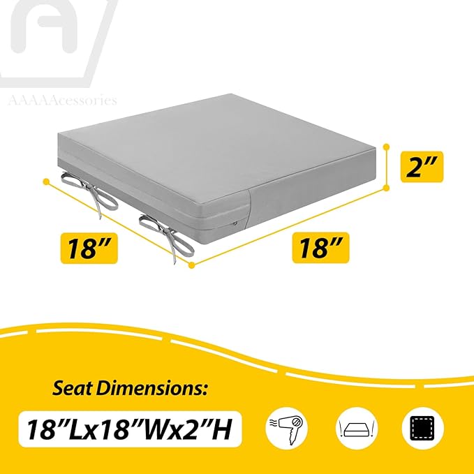 AAAAAcessories Outdoor Seat Cushions for Chairs, Waterproof, Fade-Resistant Patio Furniture Replacement Cushions, 18" x 18" x 2", Set of 2, Gray