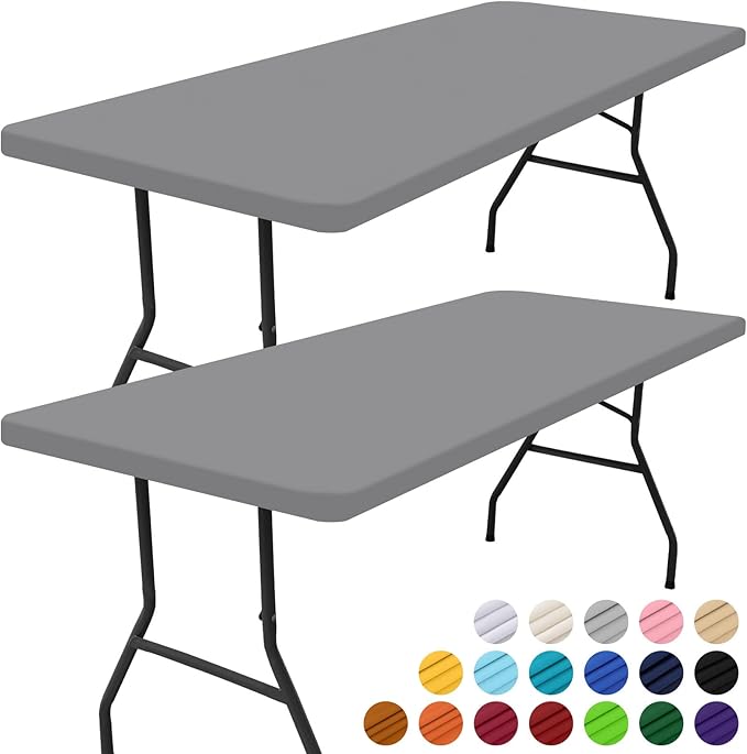Smiry 2 Pack Rectangle Picnic Table Cloth, Waterproof Elastic Fitted Tablecloths, Washable Polyester Rectangular Patio Table Cover for Camping, Indoor and Outdoor (Grey, 30"x48")